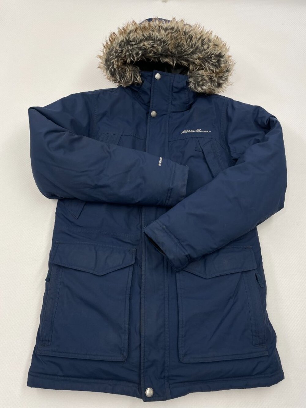 Eddie Bauer WeatherEdge Down Puffer Parka Jacket Blue Faux Fur Hooded Men’s S